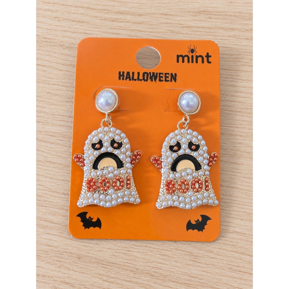 Halloween Ghost Faux Pearl Boo Drop Earrings Gold Tone White Orange NWT